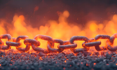 Forged Chain Links with Strength Represented in Fiery Background