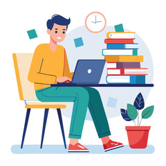 a boy is using his laptop vector