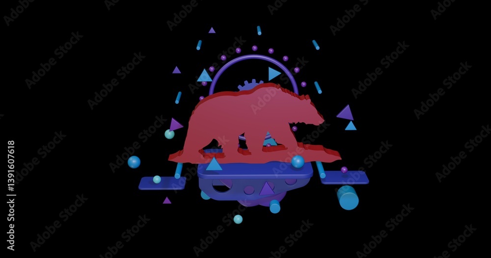 Aufkleber red wild bear symbol on a pedestal of abstract geometric shapes floating in the air. abstract concep