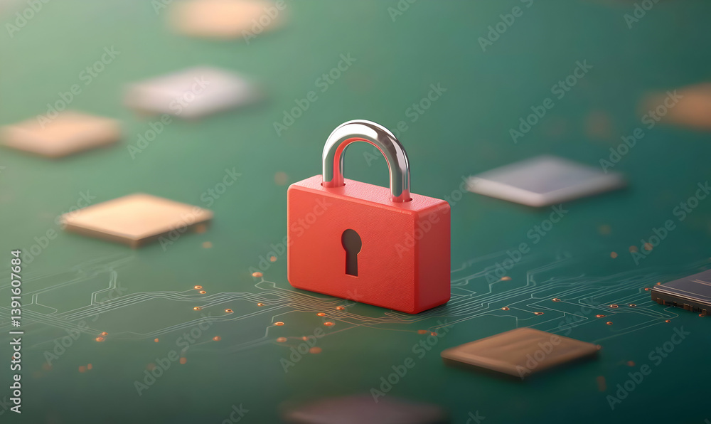 Poster digital padlock on circuit board background for cybersecurity concept