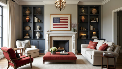 Showcase refined patriotic home decor with elegant American accents stylish furnishings and artistic artifacts that evoke national pride sophisticated design and cultural heritage in  Photo Stock  Con