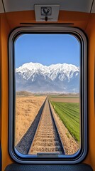 Fototapeta premium Scenic Train Journey Through Fields Towards Majestic Snow Capped Mountains