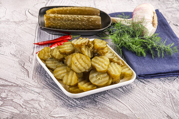 Sliced marinated cucumbers in the bowl