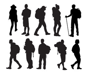 Set of black silhouettes of differen people, men, women hiking, walking with backpacks. Concept of adventure and travel. Flat vector illustrations isolated on transparent background