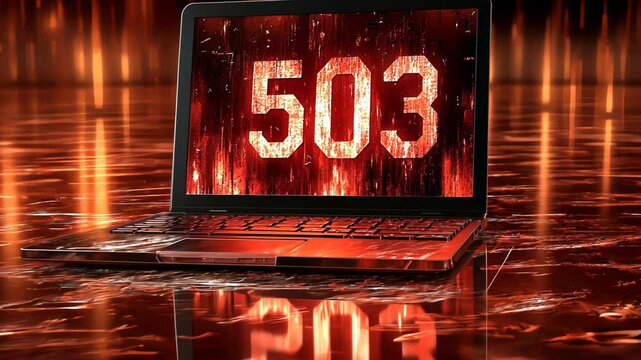 503 service unavailable cinematic presentation on laptop, orange fiery tech concept and error message shown, technology failure motion video footage clip