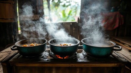 Steaming Pots of Food Cooking on Rustic Wood Stove Authentic Rural Kitchen Scene