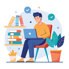 a boy is using his laptop vector