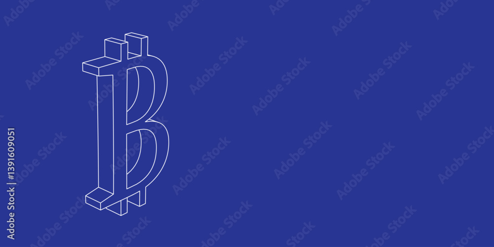 Poster the outline of a large bitcoin symbol made of white lines on the left. 3d view of the object in pers