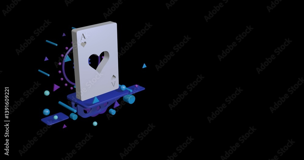 Poster white ace of heart card on a pedestal of abstract geometric shapes floating in the air. abstract con