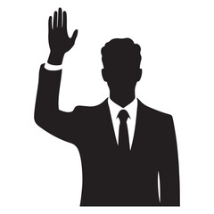 Silhouette of businessman with raised hand taking oath offering help
