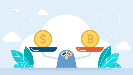 Balance Dollar VS Bitcoin. Bitcoin and dollar on a scales. Crypto value measurement. Money on weight scale. Price and worth concept. Crypto currency value growth. Flat illustration