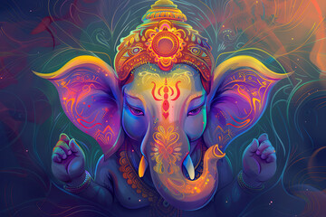 Bright holiday composition for happy Ganesh Chaturthi, abstract vivid composition consists of fictional unreal fantastic vision on background