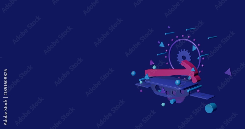 Poster pink hammer symbol on a pedestal of abstract geometric shapes floating in the air. abstract concept 
