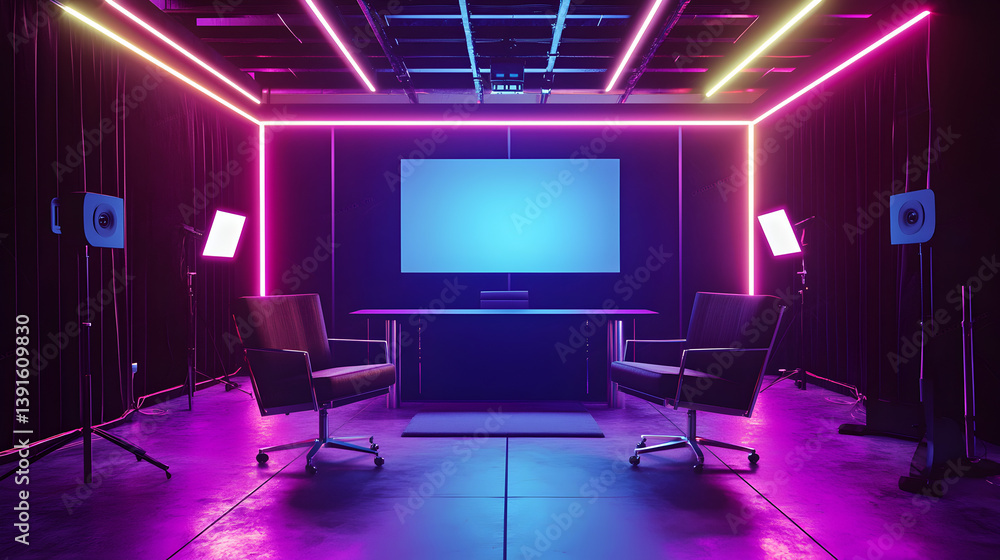 Poster dynamic event setup for business presentations modern office environment studio setup with neon ligh