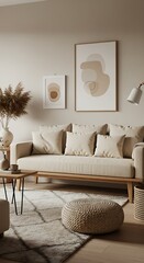 Serene living room showcasing minimalist abstract art above a light beige sofa, complemented by a knitted pouf and soft natural light.