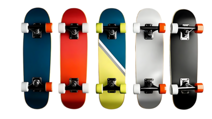Five skateboards of various colors are shown from above. These include red, black, blue, white, and yellow skateboards with visible black trucks and white wheels