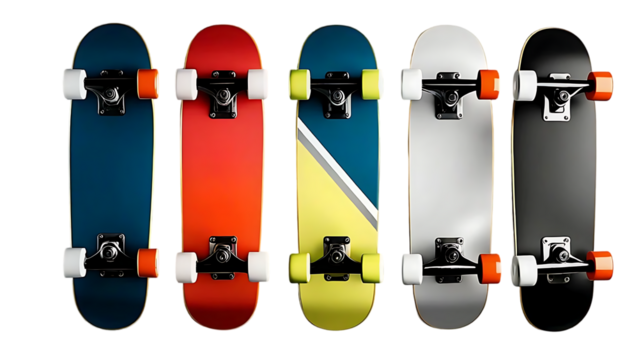Five skateboards of various colors are shown from above. These include red, black, blue, white, and yellow skateboards with visible black trucks and white wheels