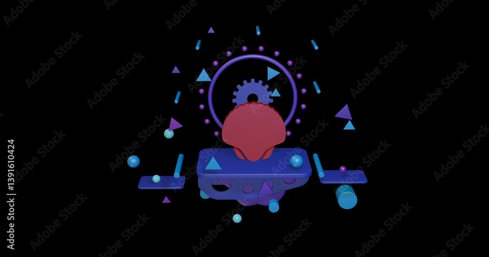 Poster red sea shell symbol on a pedestal of abstract geometric shapes floating in the air. abstract concep