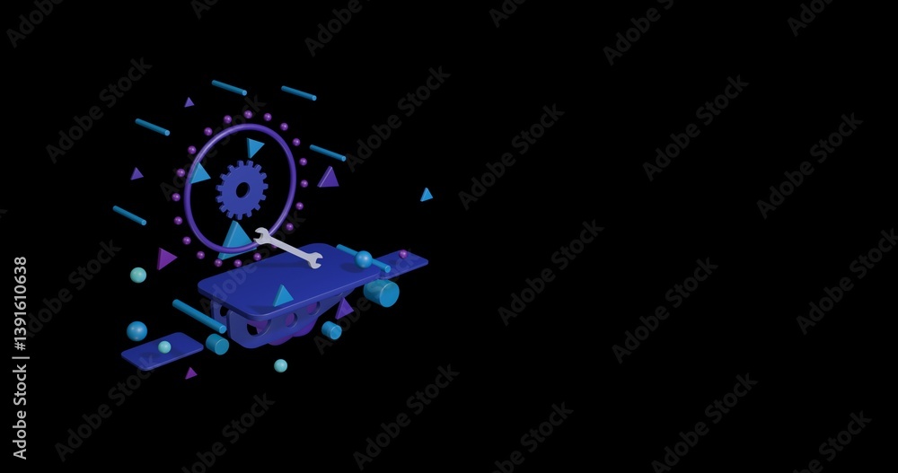 Poster white wrench symbol on a pedestal of abstract geometric shapes floating in the air. abstract concept