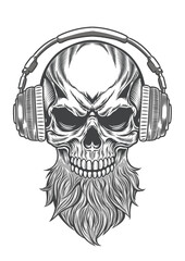 Skull with gothic style beard & retro style headphone 54 - BW