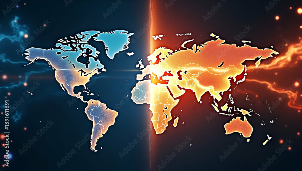 Poster dynamic infographics and symbolic elements illustrating superpower rivalry: analyzing global competi