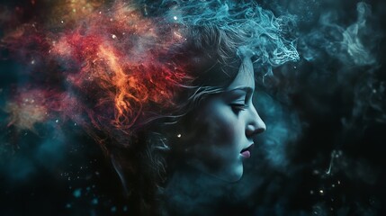 Woman with a colorful abstract nebula for hair.