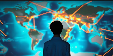 Man observing illuminated global network on digital world map, representing international communication, data connection, and global technology infrastructure
