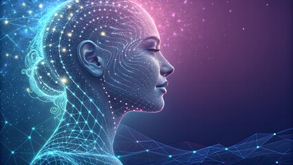 Obraz premium Futuristic concept of digital particles assembling into a human face, representing AI identity and human-like intelligence. Ideal for deep learning, facial recognition, and futuristic tech ads.