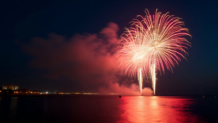 Spectacular summer fireworks show illuminates coastal skies with innovative pyrotechnic displays and mesmerizing light patterns creating an unforgettable seaside celebration in  Photo Stock  Concept  