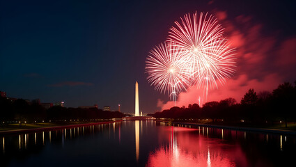 Showcase a breathtaking fireworks display over Washington DC with refined patriotic elements dynamic lighting effects and vibrant urban backdrops that embody national pride in  Photo Stock  Concept  a