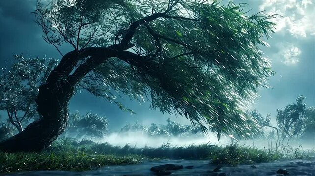 Weeping willow tree bends dramatically in a stormy, misty scene