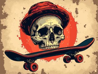 A detailed illustration features a skull adorned with a red hat, resting on a skateboard against a textured backdrop. The design conveys a blend of edgy and retro influences. © dibas99