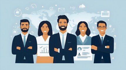 A diverse team of smiling business professionals stand confidently together showcasing global teamwork and success.