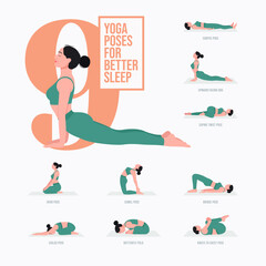 Yoga poses For Better Sleep. Young woman practicing Yoga pose. Woman workout fitness, aerobic and exercises. Vector Illustration. 
