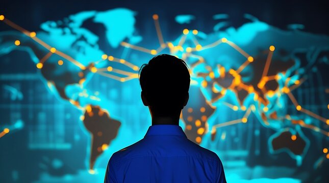 Man observing illuminated global network on digital world map, representing international communication, data connection, and global technology infrastructure
 - Powered by Adobe