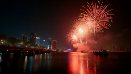 Exhilarating Firecracker Excitement: Captivating Urban Pyrotechnics and Dynamic Light Displays for Festive Energy - Photo Stock Concept with Empty Space