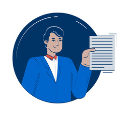Young indian office worker presenting document 2D doodle character. Smiling business man proposal delivering cartoon person avatar vector drawing isolated on white. Hand drawn illustration colorful