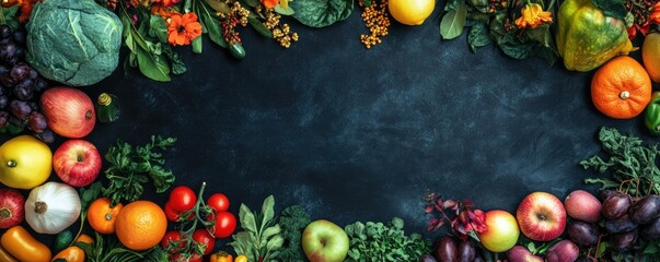 Colorful autumn harvest of fresh fruits and vegetables