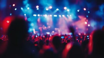 Crowd enjoying concert, stage lights, vibrant atmosphere, music festival