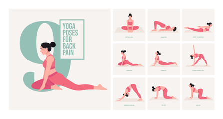 Yoga poses For Back pain. Young woman practicing Yoga pose. Woman workout fitness, aerobic and exercises. Vector Illustration. 
