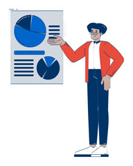Hispanic male employee presenting pie charts and data visualization 2D doodle character. Professional analyst cartoon person vector drawing isolated on white. Hand drawn illustration colorful