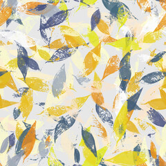 Modern seamless pattern with abstract leaf shapes in a vibrant color palette of yellow, orange, and muted blue. The textured surface gives this design a contemporary and artistic look. 