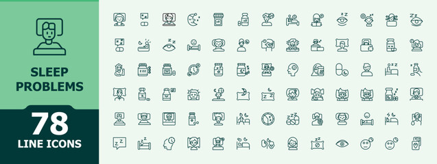 Sleep Problems icon set. Containing bedding, trouble, sleepless, bedtime, insomnia, problem and more. Minimal icons collection. Sleep related icon set. Signs for web and mobile app.