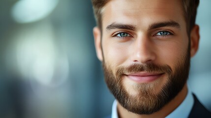 Young Man With Blue Eyes and Beard Smiling Confidently in a Professional Setting During Daytime