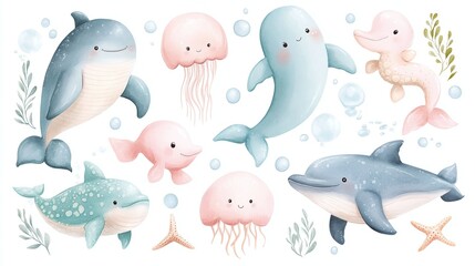 Sweet sea creature stickers with whales, jellyfish, and seahorses, pastel undersea friends on white background for nautical crafts

