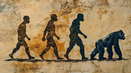 Illustration of human evolution alongside a gorilla, visually depicting stages of human progression 