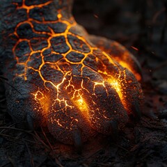 Glowing animal paw with ember spots, claws, dark ground, fiery details, fantasy environment, close-up on fur and molten pattern. Generative by AI