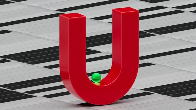Green ball falling and rolling on red U-shaped 3D object, clean geometric animation at 30fps