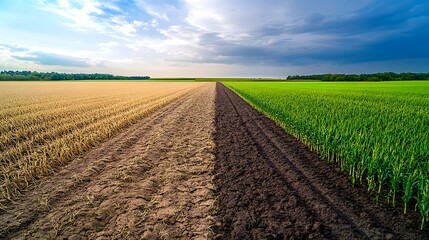 Golden Wheat Field Green Corn Rows Farmland Agriculture Rural Landscape sky day soil crop view image