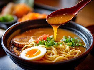  rich ramen broth, p: a close-up of steaming, rich ramen broth (tonkotsu,